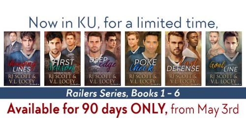 The seven bookcovers of the Railers series, plus information that it will be available on Kindle Unlimited for 90 days.